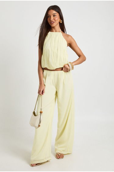 Shirred Chiffon Halterneck Top - lemon
