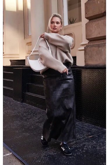 Washed Black Faux Leather Maxi Skirt