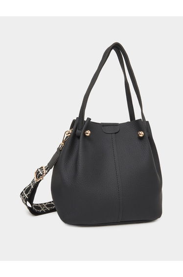 Black Faux Leather Bucket Bag with Woven Strap