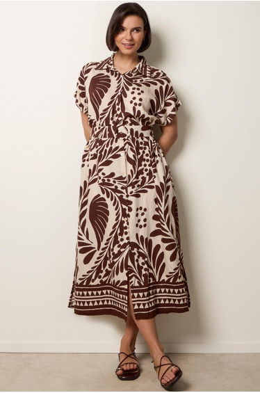Tropical Leaf Print Belted Shirt Dress