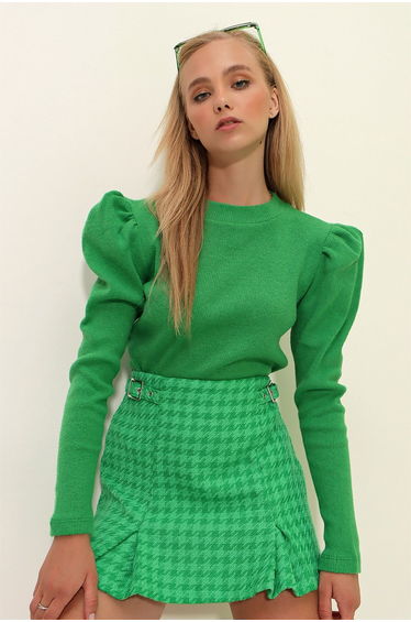 Women's Green Princess Sleeve Half Turtleneck Crop Blouse