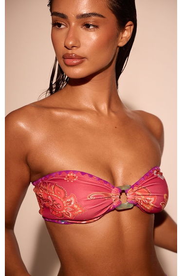 Hot Pink Paisley Print Whip Stitch Bandeau Bikini Top