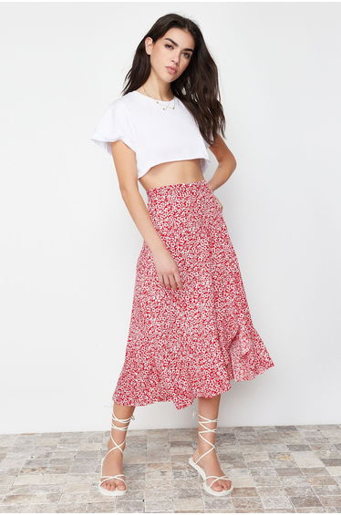 Red Printed High Waist Flexible Skirt with Gather Detail and Flounce
