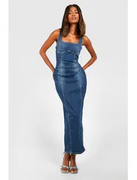 Stretch Denim Seam Detail Midaxi Dress - washed indigo - 1
