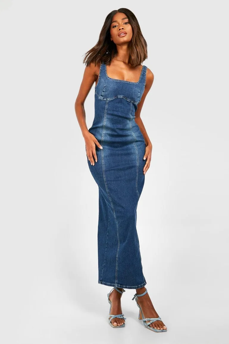 Stretch Denim Seam Detail Midaxi Dress - washed indigo
