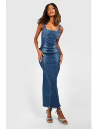Stretch Denim Seam Detail Midaxi Dress - washed indigo