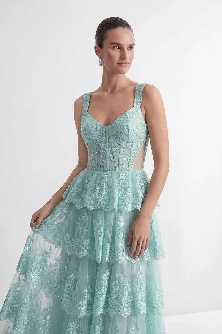 Sweetest Behavior Mint Green Lace Tiered Corset Maxi Dress - 1