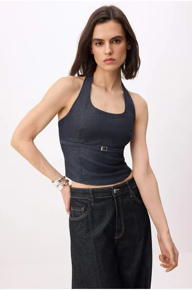 Dark Blue Halter Neck Extra Stretch Denim Blouse