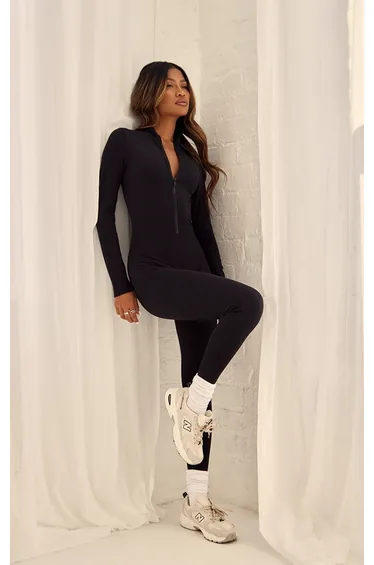 Black Contour Sculpt Zip Jumpsuit