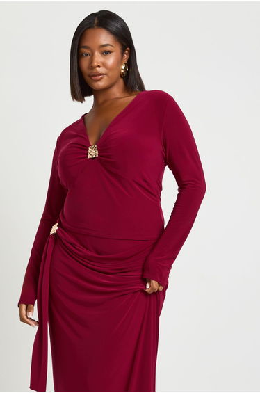 Plus Gathered Bust Trim Detail Long Sleeve Top - wine
