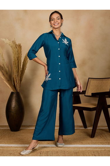 Women Blue Leaf Embroidery Shirt and Trousers Co-Ords