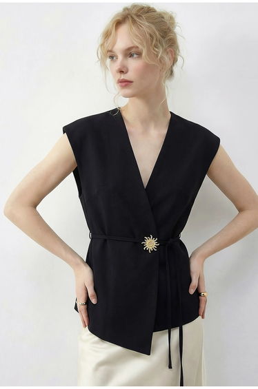LUCCI Belted V-Neck Crepe Waistcoat