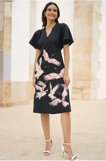 Yumi Black Recycled Fabric Crane Print Kimono Midi Dress