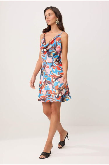 Blue-Multicolor Abstract Patterned Mini Satin Woven Dress