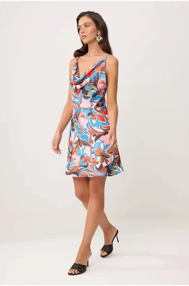 Blue-Multicolor Abstract Patterned Mini Satin Woven Dress