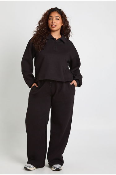 Plus Button Down Wide Leg Joggers - black