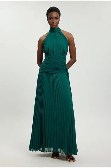 Pleated Twist Front Woven Halter Midi Dress