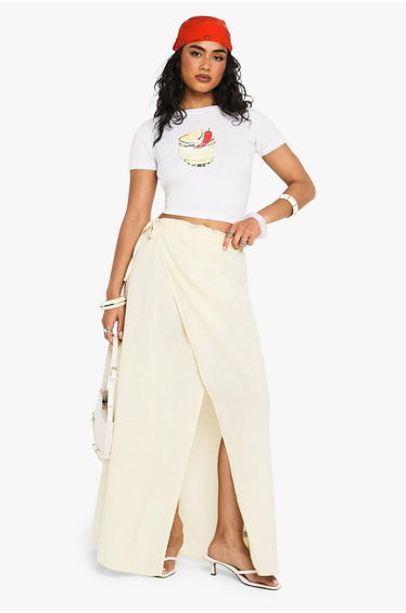 Linen Look Tie Waist Wrap Maxi Skirt - stone