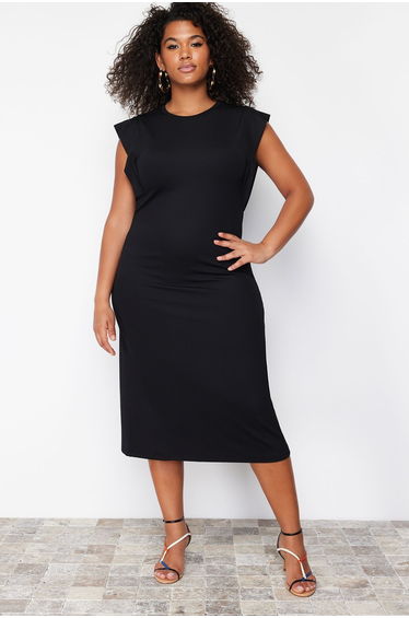 Plus Black Bodycon Midi Dress with Slit