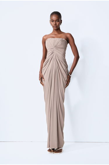 Poised Beauty Gray Strapless Ruched Front Maxi Dress