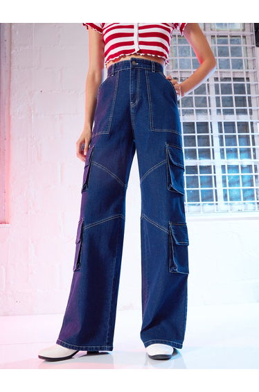 Women Blue High Rise Contrast Stitch Cargo Straight Jeans