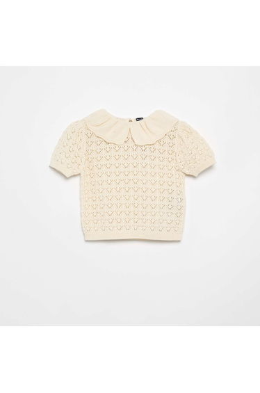 Short-Sleeved Pointelle Sweater with Peter Pan Collar BEIGE