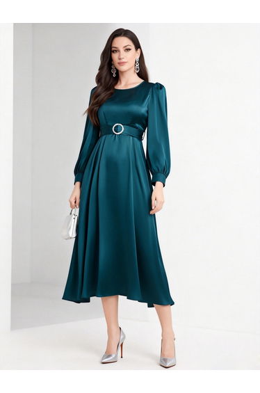 Blue Satin Balloon Sleeve Belted Midi Dress