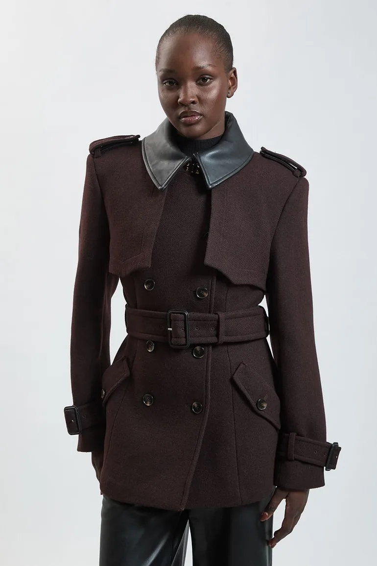 Wool & Faux Leather Detail Short Pea Coat - 1