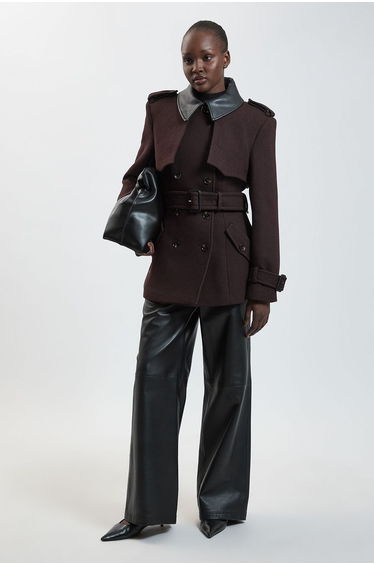 Wool & Faux Leather Detail Short Pea Coat