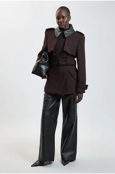 Wool & Faux Leather Detail Short Pea Coat