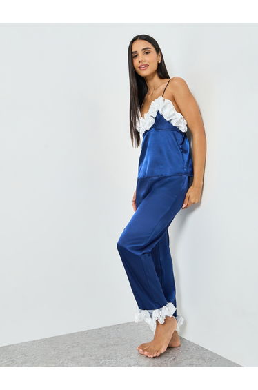 Navy Blue Ruffle Trim Satin Cami and Pyjama Set