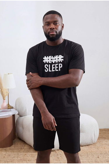 Black Regular Slogan Homewear Large Size Pajama Set