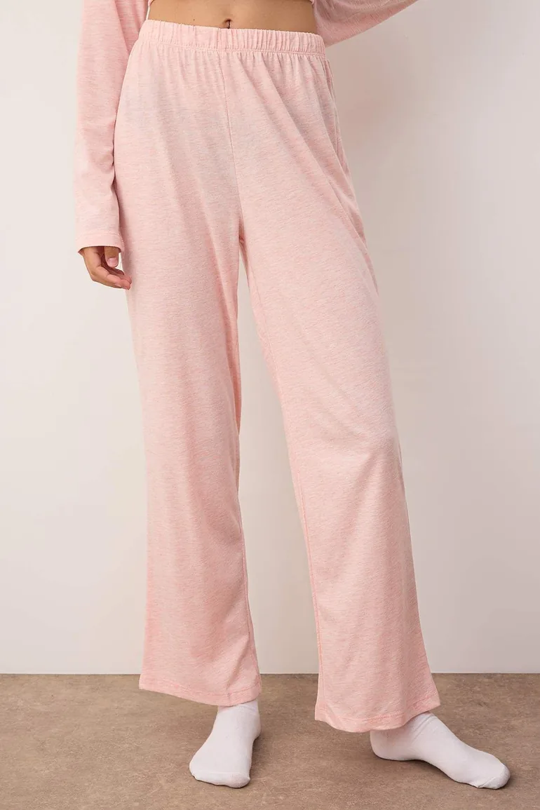 Pink Plain Lace Detailed Jersey Knitted Pajama Set - 3