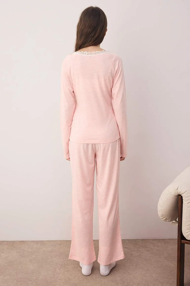 Pink Plain Lace Detailed Jersey Knitted Pajama Set - 2