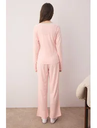 Pink Plain Lace Detailed Jersey Knitted Pajama Set - 2