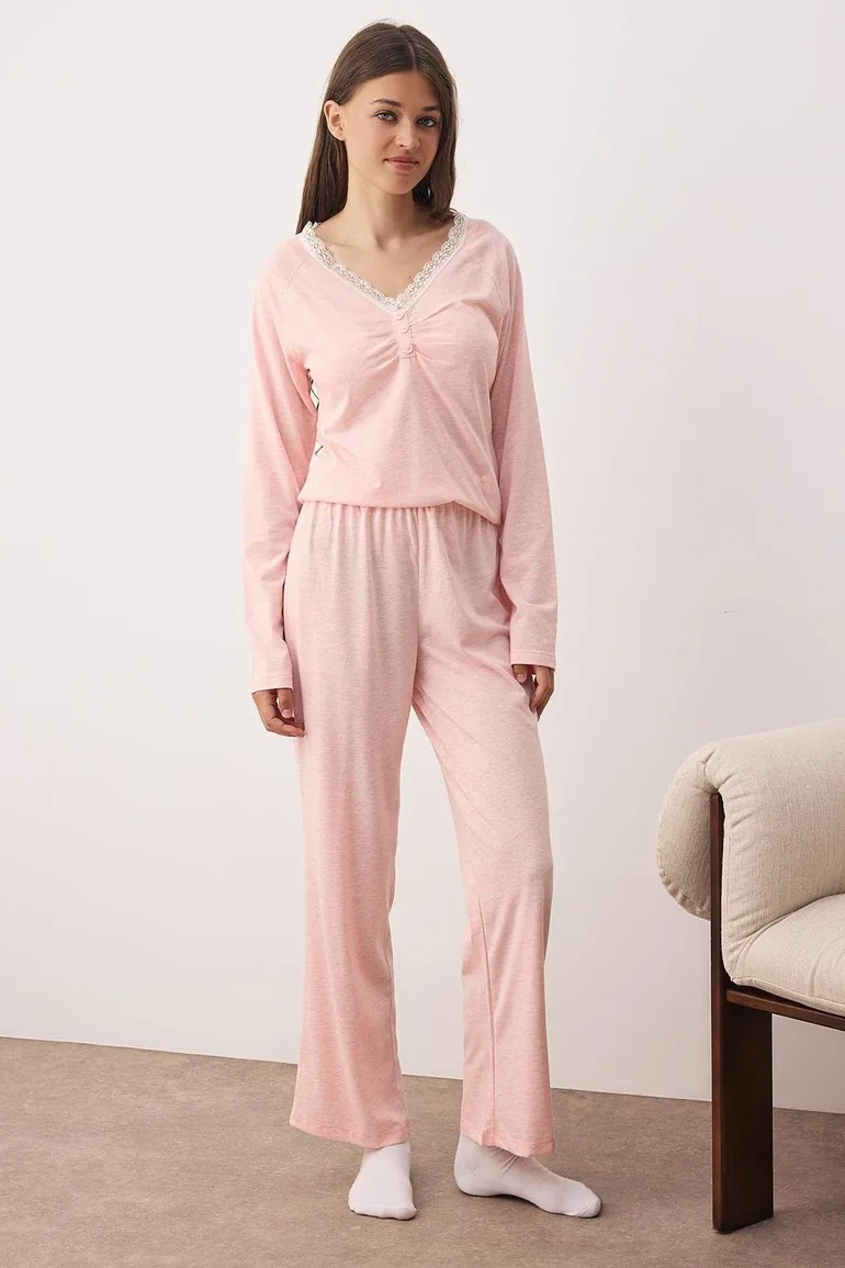Pink Plain Lace Detailed Jersey Knitted Pajama Set