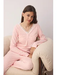 Pink Plain Lace Detailed Jersey Knitted Pajama Set - 1