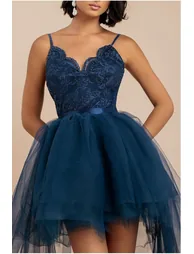 Goddiva High Low Tulle Midi With Lace Bodice - Navy - 7