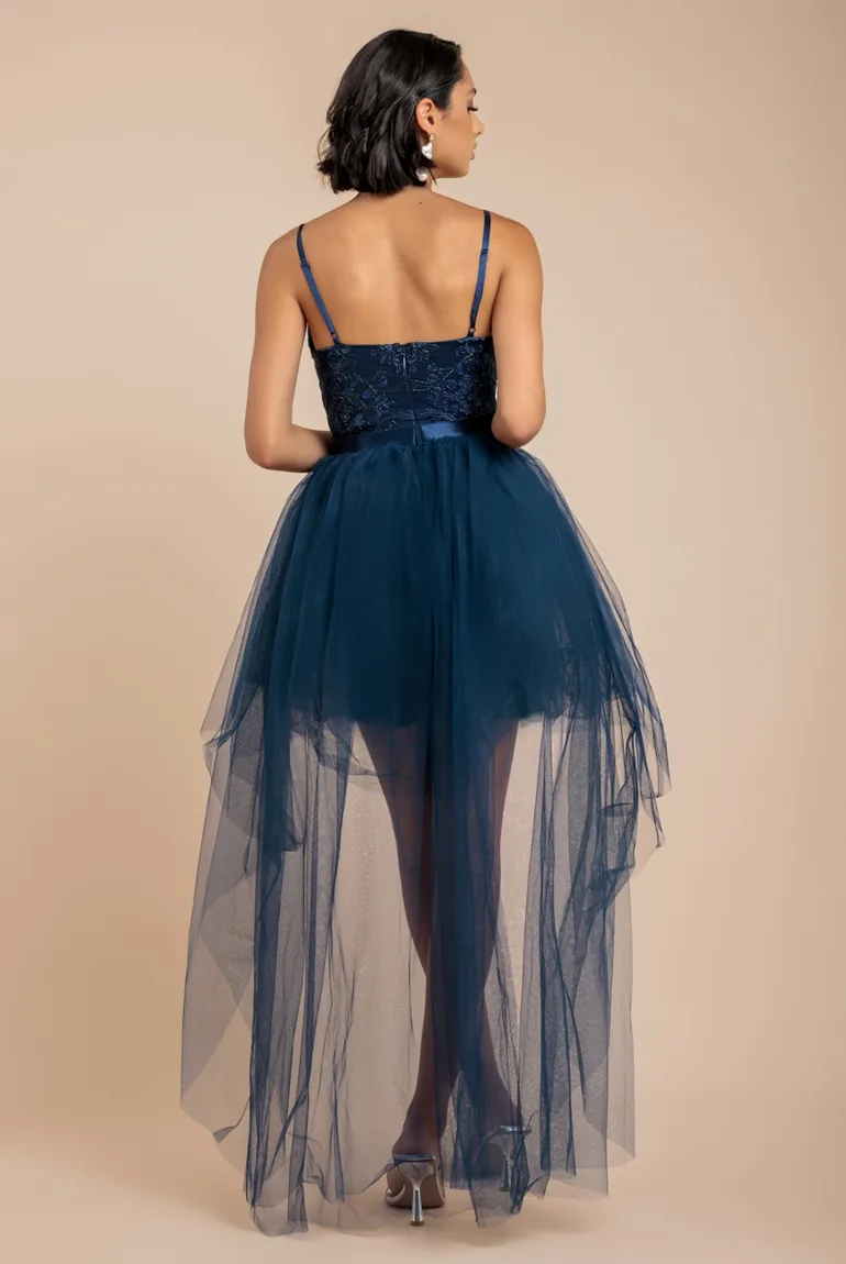 Goddiva High Low Tulle Midi With Lace Bodice - Navy - 2