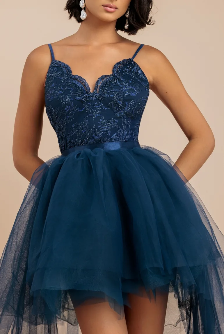 Goddiva High Low Tulle Midi With Lace Bodice - Navy - 3