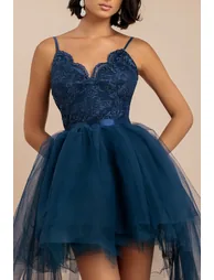 Goddiva High Low Tulle Midi With Lace Bodice - Navy - 3