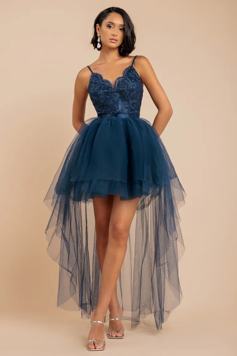 Goddiva High Low Tulle Midi With Lace Bodice - Navy