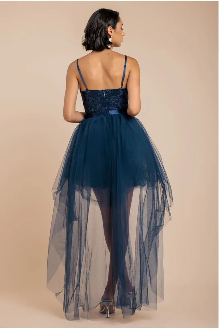 Goddiva High Low Tulle Midi With Lace Bodice - Navy - 6