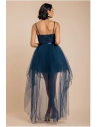 Goddiva High Low Tulle Midi With Lace Bodice - Navy - 6