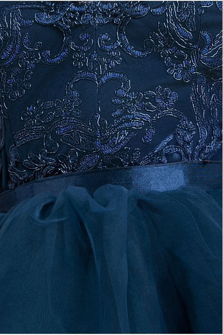 Goddiva High Low Tulle Midi With Lace Bodice - Navy - 8