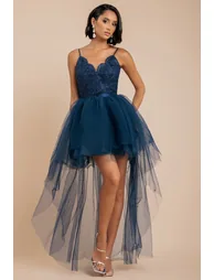 Goddiva High Low Tulle Midi With Lace Bodice - Navy - 1