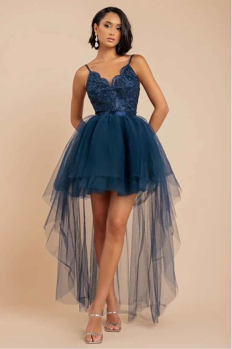 Goddiva High Low Tulle Midi With Lace Bodice - Navy - 5