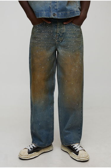 Relaxed Fit Studded Embellished Denim Jeans - antique wash