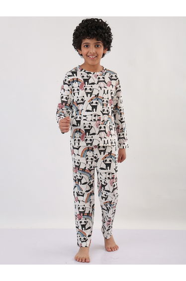 Boys White All-Over Panda Print Long Sleeve T-Shirt and Pyjama Set