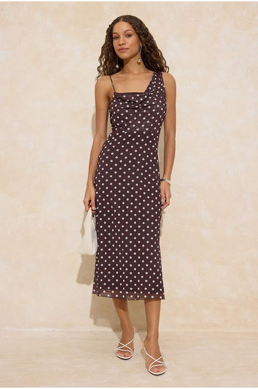 Brown Polka Dot Bodycon Asymmetrical Neckline Sleeveless Shirred Maxi Tulle Knitted Dress